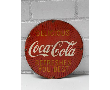 Delicious Coca-Cola Refreshes You Best Enamel Sign Height: 30 cm. Width: 30 cm. Depth: 1 cm. Condition: Fair. Location: The N
