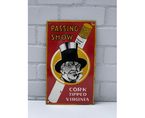 Passing Show Cork Tipped Virginia Enamel Sign Height: 42 cm. Width: 24 cm. Depth: 1 cm. Condition: Fair. Location: The Nether