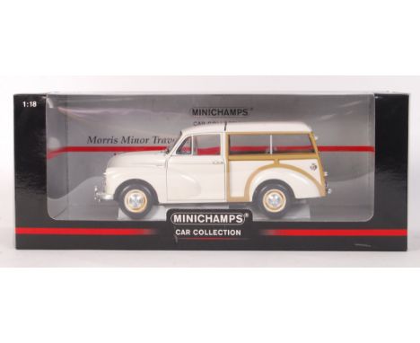 A superb Minichamps made 1:18 scale precision diecast model Morris Minor Traveller. White. Appears mint (some yellowing to wh