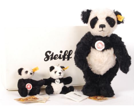 A collection of 3x Steiff made stuffed toy teddy bear Panda bears. The largest being 030512 (29cm tall, approx), with its ori