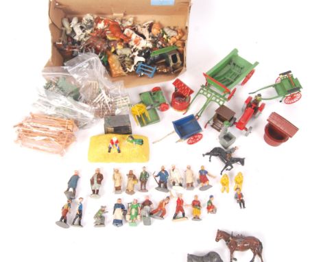 A good collection of assorted vintage Britains made lead farmyard related figures, animals and scenery. To include; carts , a