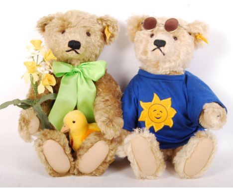 Two Steiff made ' Four Seasons ' series teddy bears ' Dylan '. Complete with flower posy and ' Pilla ' the Steiff duck. Yello