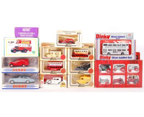 A collection of assorted vintage diecast scale model vehicles, to include; Dinky DY-13 , DY15 , 297 Silver Jubilee Bus , Ertl