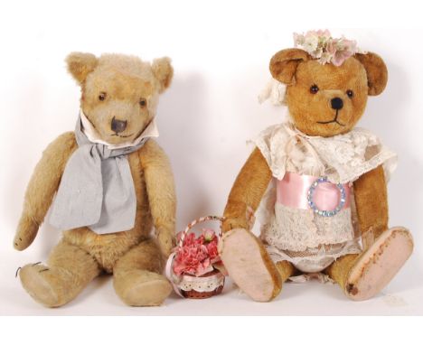 A charming pair of antique / vintage teddy bears - both likely Chiltern (or Chad Valley). The first having a pronounced nose,