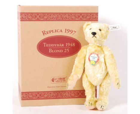 A Steiff made 1997 replica teddy bear ' Blond 25 '. Limited Edition to just 5,000 bears. Only ever displayed, ear tag present