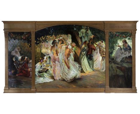 LUIS BLESA Y PRATS (Valencia, 1875-ca. 1934)"Reynaldo and Armida".Oil on canvas.  Triptych.It has a perforation on the left s