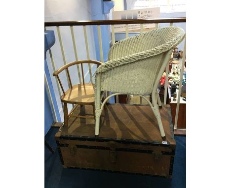 Lloyd Loom chair and child's chair and a trunk