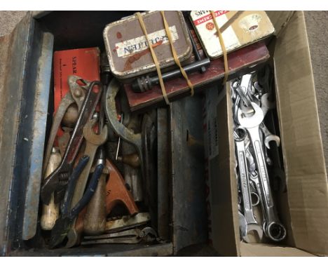 Two metal cases containing various old tools, a collection of small taps and dies and wrenches. Together with a collection of