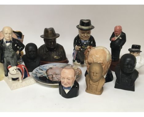 A collection of Churchill Kevin Francis ceramic jugs and other Churchill commemorative ceramics and plaster busts. (a lot)