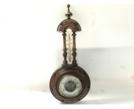 No Reserve: Antique barometer-thermometer in carved wooden vase. 40cm approx.