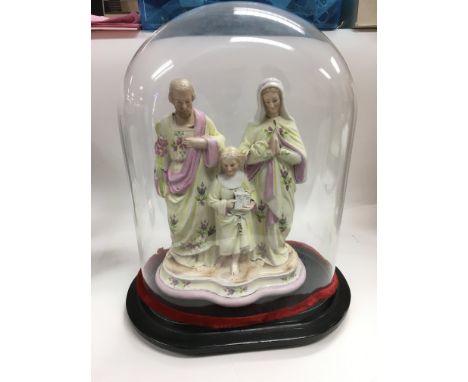 A bisque figural group under a glass dome, approx total height 39cm NO RESERVE