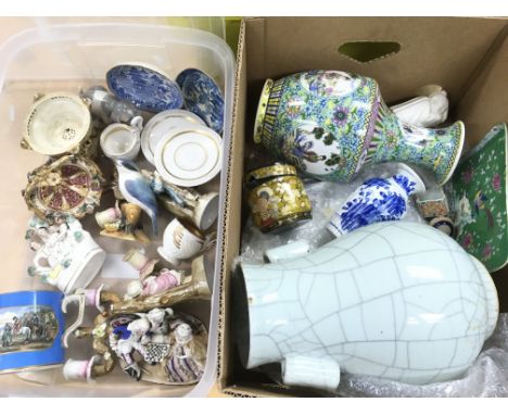 Two boxes of various china items comprising Oriental vases, a Staffordshire flat back, a ceramic tankard etc.