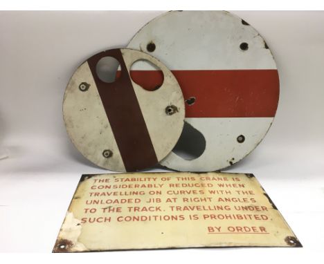 Railwayana interest. Two shunting discs plus an enamel sign (3).