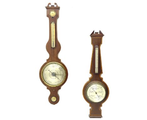 Early 19th century mahogany banjo barometer, scroll pediment over dry/damp and thermometer dials with brass registers, by �Cr