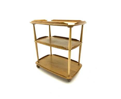 Ercol light elm and beech three tier tea trolleyDimensions: Height:&nbsp;78cm&nbsp; Length/Width:&nbsp;71cm&nbsp; Depth/Diame