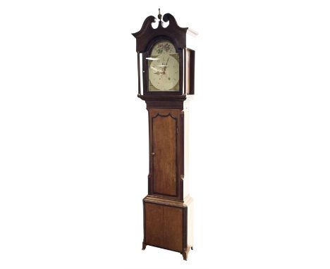 Early 19th century oak and rosewood banded longcase clock, scrolled pediment over stepped arch hood door, enamel painted dial