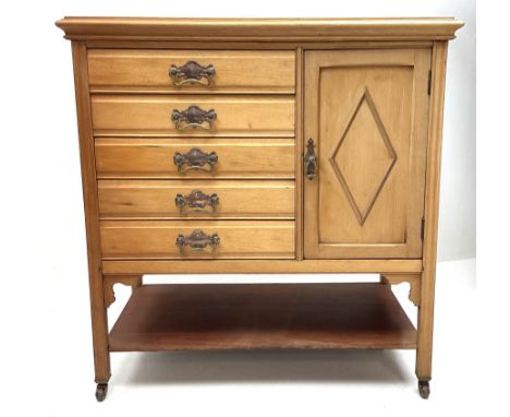 Edwardian walnut music cabinet, five fall front manuscript drawers and cupboard, square moulded supports joined by undertier 