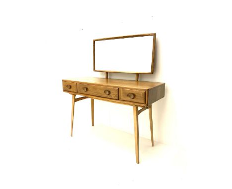 Ercol dressing table with raised back mirror, fitted with one long and two short drawers, raised on tapering supports Dimensi