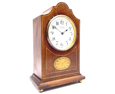 Edwardian inlaid mahogany mantel clock, stepped cavetto and arched top pediment, circular white enamel Roman dial signed 'A &