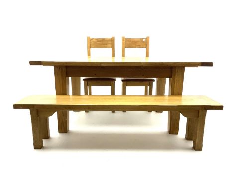 Light oak rectangular extending dining table, square supports (L140cm, W90cm, H80cm), together with matching bench, (L180cm),