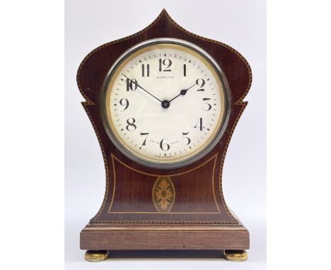 Edwardian inlaid mahogany mantel clock, pointed onion top and circular white enamel Roman dial signed 'Elkington', on brass f
