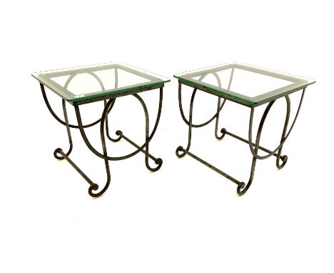 Pair wrought metal and glass top side/lamp tablesDimensions: Height:&nbsp;50cm&nbsp; Length/Width:&nbsp;50cm&nbsp; Depth/Diam