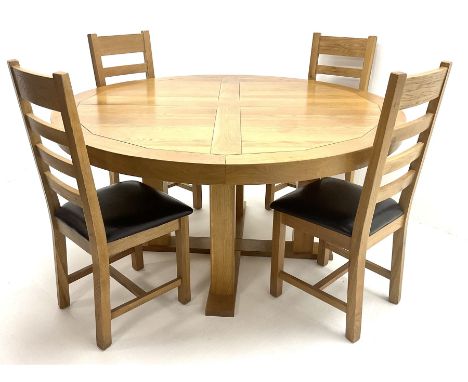 Light oak circular dining table on X-base with straight supports (D150cm, H69cm) and set four ladder back dining chairs (W41c