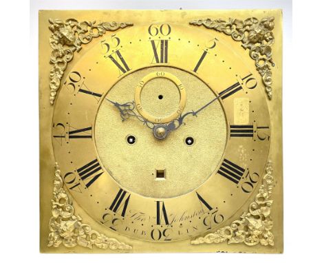 Late 18th century clock movement and dial, square brass dial with Arabic and Roman chapter ring signed 'Thos. (Thomas) Johnst