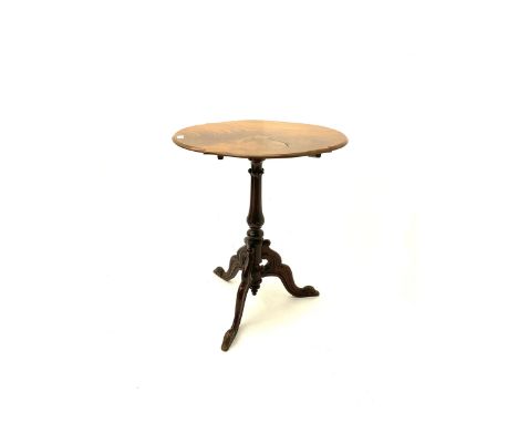 Victorian mahogany tripod table, shaped tilt top on turned and carved column, three shaped splayed supports the acanthus carv