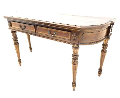 Late 20th century mahogany cross banded console table, fitted with two short drawers, carved and moulded tapering supports Di