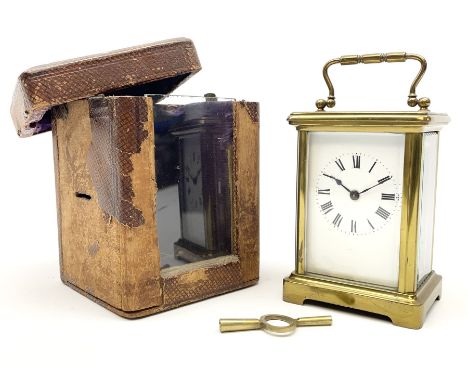 Early 20th century brass carriage clock time piece, white enamel Roman dial, single train driven movement Dimensions: Height: