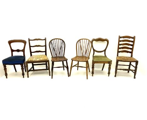 Two elm farmhouse style stick back chairs, turned supports, joined by 'H' stretcher, together with four other chairs Dimensio