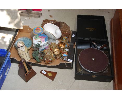 A box of miscellaneous, metronome, teaset, etc plus a gramophone.