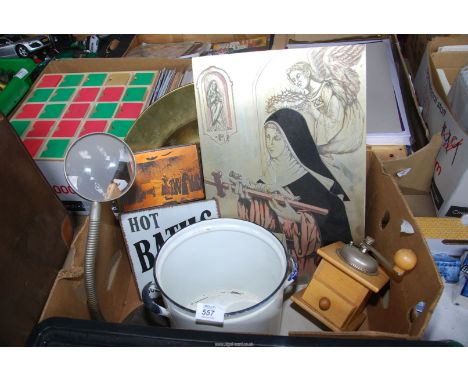 A box of miscellaneous, enamel pot, metal signs, adjustable magnifier etc.