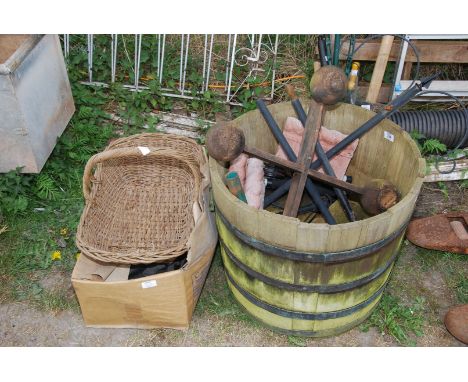 A barrel planter, 22" diameter x 19" high, a trug, bird feeder, terracotta edging, etc.
