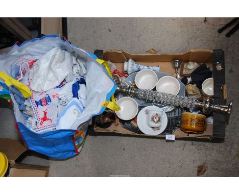 A box of miscellaneous, wine glasses, Kitchenalia, pictures, throws etc.