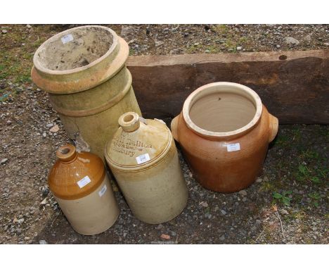 A salt glazed pot, two flagons and a terracotta chimney cowl [all a/f].