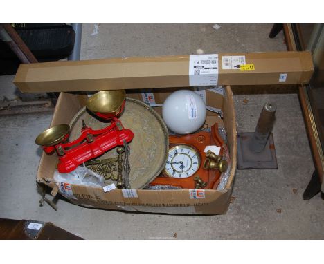 A box of miscellaneous, scales, clock, brass tray, curtain pole etc.