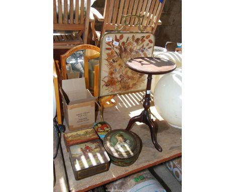 A Tryptic mirror, firescreen, wine table and a box of Vintage tins.