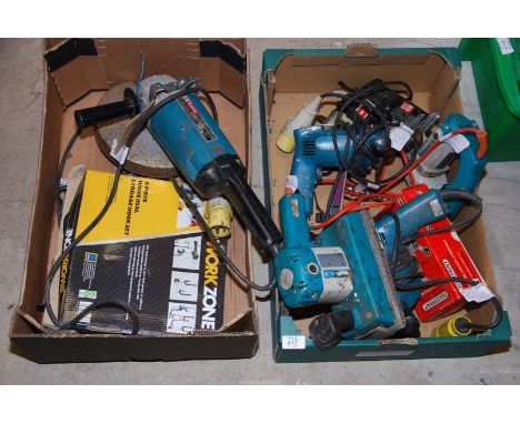 Two boxes of power tools, Makita disc grinder, Wolf sander, drills, etc.