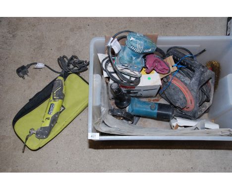 A box of power tools including sander, grinder, etc. plus extension lead.