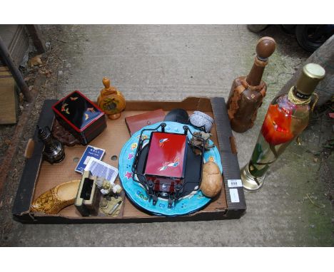 A box of miscellaneous, charger, pricket stands etc.