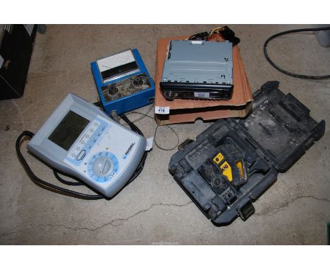 JVC car radio, Dewalt laser level, a Metrel insltest 61557 instalation tester complete with leads and instructions.