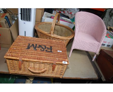 Two baskets [one Fortnum & Mason] plus a child's Lloyd Loom style chair.