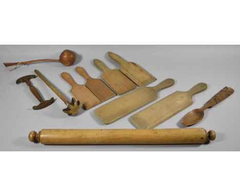 A Collection of 19th Century and Later Treen Kitchen Implements to Include Butter Pats, Juicer, Rolling Pin, Ladle etc 