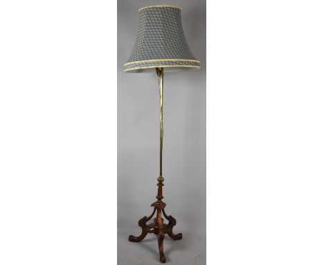A Nice Quality Walnut and Brass Standard Lamp with Hexagonal Support on Tripod Base, Complete with Shade 