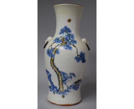 A Large Chinese Blue and White Crackle Glaze Vase with Lion Mask Handles Decorated with Stork Under Willow Tree, Seal Mark to