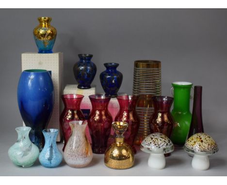 A Collection of Various Coloured Glasswares to include Three Caithness Coloured Vases, Mushroom Paperweights, Various Cranber