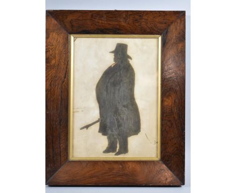 A 19th Century Rosewood Framed Silhouette Depicting Portly Gentleman with Hat and Stick, 26cm high 