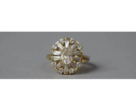 A 14ct Gold Ring with Baguette and Cushion Cut White Stones, Possible Topaz, 4.8g 